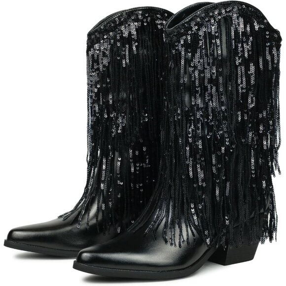 Women's Black Leather Like Thick Heeled Tassels & Sequins Pointed Booties - Picture 2 of 6